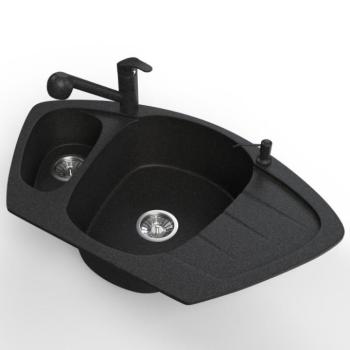 Gránit mosogató NERO Compact + kihúzható zuhanyfejes Shower csaptelep + adagoló (fekete) kép