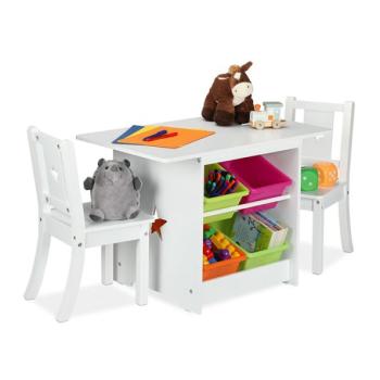 Gyerekasztal tárolóhellyel és székekkel - fehér kép