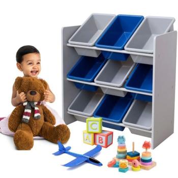 Gyerekjáték polc 9 műanyag dobozzal - kék-szürke kép