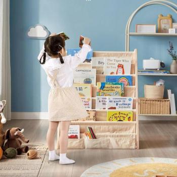 Gyermek könyvespolc szövet polcokkal kép