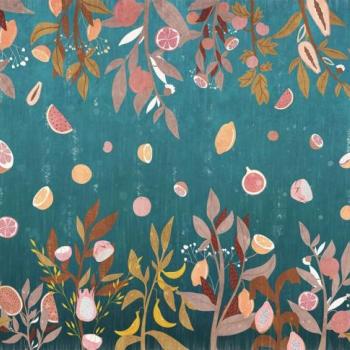 Gyümölcsökkel és levelekkel mintázott tapéta, 350x250 cm, türkiz - rózsaszín, narancssárga - AUTOMNE kép