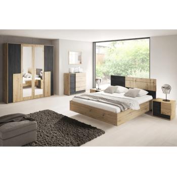 Hálószoba szett (ágy+2x éjjeliszekrény+szekrény), artisan tölgy/fekete norvég fenyő, BAFRA kép