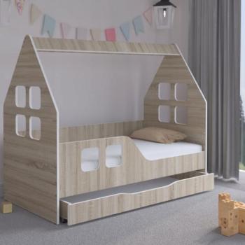 Házikó gyerekágy ágyneműtartóval 140 x 70 cm Sonoma tölgyfa - balos kép