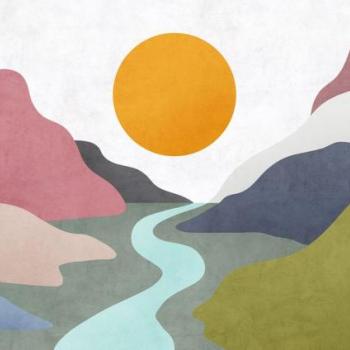 Hegyek közti folyót ábrázoló tapéta, 400x250 cm, rózsaszín - kék - fehér - LE JOUR kép