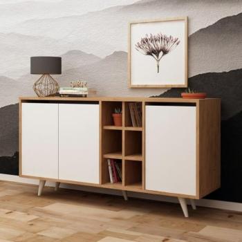 Komód, 140 cm, 3 ajtós polcokkal tölgy/fehér - AMOUR kép