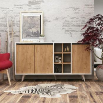 Komód, 140 cm, 3 ajtós polcokkal tölgy/fehér - RHONE kép