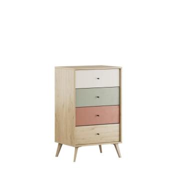 Komód, 4 fiókkal, fa, fehér - zöld - piros kép