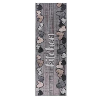Konyhai futószőnyeg, szívekkel mintázott, fahatású, szürkésbarna, poliészter, 60x180 cm - POPOTTE kép