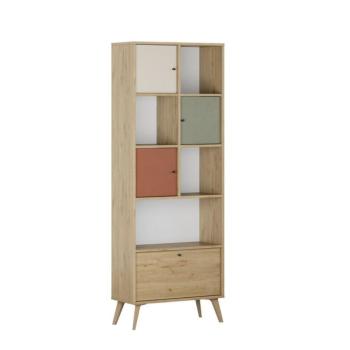 Könyvespolc, zárható tárolórésszel, fa, fehér - zöld - piros kép