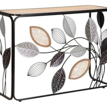 Konzolasztal, levélmintás, fa - fém, fekete - szürke - PIRELLE kép