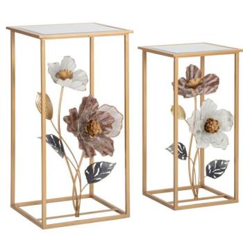 Konzolasztal pár, virágos díszítéssel, üveg - fém, arany - FLORINETTE kép