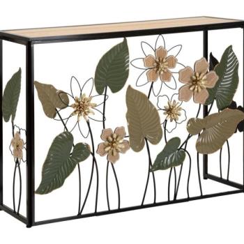 Konzolasztal, virág- és levélmintás, fa - fém, fekete - zöld - MARELLE kép