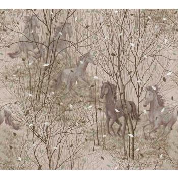 Lovakat fák között ábrázoló tapéta, 600x280 cm, barna - bézs - zöld - CHEVAUCHEE kép