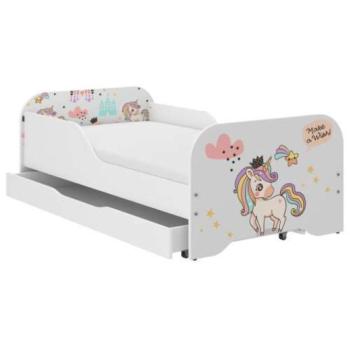 MIKI gyerekágy 160×80cm matraccal és ágyneműtartóval – szivárvány unikornis kép