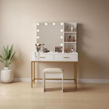 Nagy kozmetikai öltözőasztal LED tükörrel és oldalsó polcokkal kép