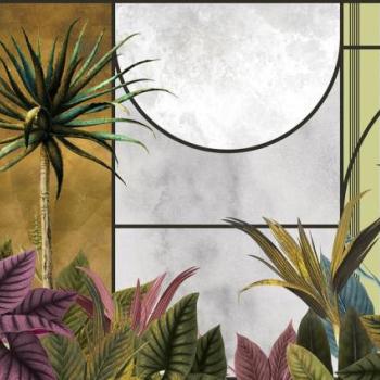 Növényeket és alakzatokat ábrázoló tapéta, 400x250 cm, szürke - zöld - lila - VERANDA kép