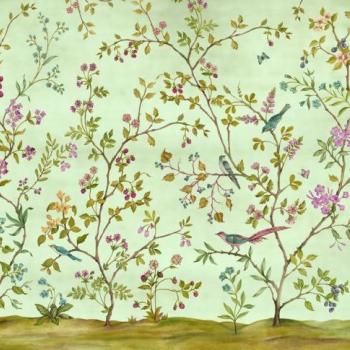 Növényekkel és madarakkal díszített tapéta, 350x250 cm, zöld - barna - rózsaszín - OISEAUX DE FEU kép