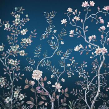 Növénymintás tapéta, sötét háttérrel, 300x250 cm, királykék - rózsaszín - fehér - EN BLEU kép