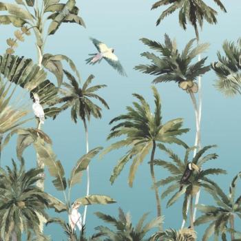 Pálmafákat és madarakat ábrázoló tapéta, 300x250 cm, zöld - barna - kék - OISEAUX EXO kép