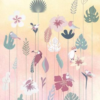 Papagájokkal és virágokkal mintázott tapéta, 200x250 cm, sárga - rózsaszín - zöld - BRESIL kép