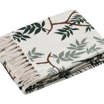 Pléd, rojtos, ágakkal mintázott, pamut, bézs - zöld - barna, 125x150 cm - BOTANYS kép