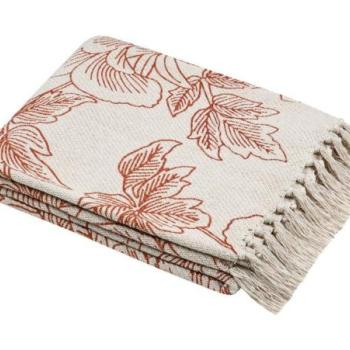 Pléd, rojtos, pamut, levelekkel mintázott, bézs - narancssárga, 125x150 cm - GALICIA kép