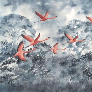 Repülő flamingókat ábrázoló tapéta, szürke erődvel a háttérben, 400x280 cm, rózsaszín - szürke - FLAMANDS kép