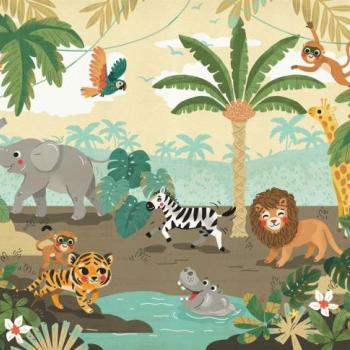 Szafari kisállatokkal tapéta, 350x250 cm, barna - zöld - bézs - JUNGLE FRIENDS kép