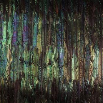 Színes madártollakkal mintázott tapéta, 200x250 cm, zöld - lila - sárga - GLOUSH kép