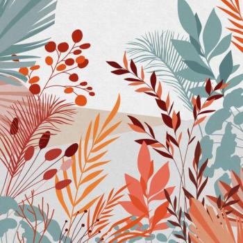 Színes növényekkel mintázott tapéta, 200x250 cm, türkiz - narancssárga - piros - HERBES kép