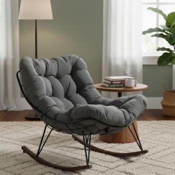 Technoratánból készült hintaszék puha párnákkal, szürke színű párnákkal kép