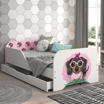 Teljes 140 × 70 cm-es gyermekágy matraccal és ráccsal – rózsaszín tacskó mintával kép