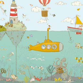 Tengeri élővilágot ábrázoló tapéta, 300x280 cm, türkiz - sárga - piros - JELLOW SUBMARINE kép