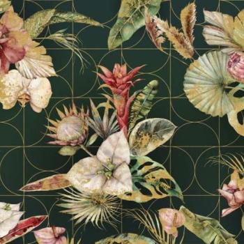 Trópusi növényeket ábrázoló tapéta, arany vonalakkal, 400x250 cm, smaragzöld - arany - rózsaszín - VERT PROFOND kép