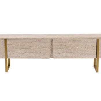 TV állvány, tároló résszel, mészkő hatású, fa, bézs, arany fém lábakkal - TANGIBLE kép