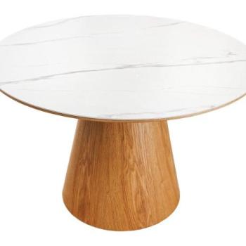 UNIQUE fehér kerek kerámia étkezőasztal tölgyfa vázzal 120 cm kép