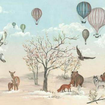 Vadállatokat és hőlégballonokat ábrázoló tapéta, 450x280 cm, világoskék - barna - fehér - MONGONFLIERES kép