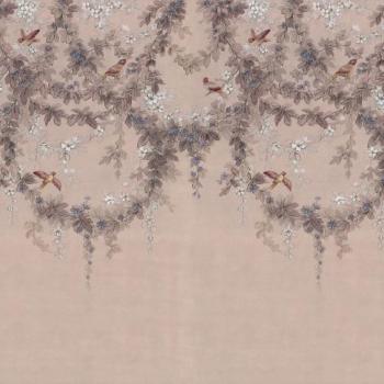 Virágokat és madarakat ábrázoló tapéta, 300x250 cm, rózsaszín - szürke - barna - MIKIS kép