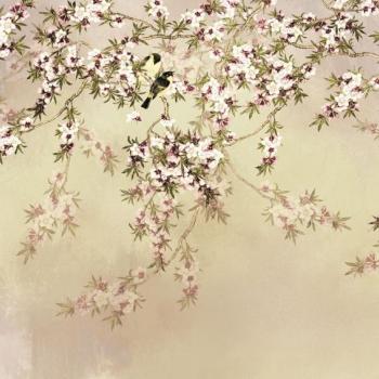 Virágzó ágakat és egy madár párt ábrázoló tapéta, 300x250 cm, sárga - rózsaszín - fehér - MALVINA kép