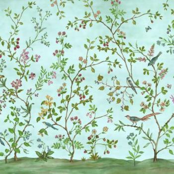 Virágzó ágakat és madarakat ábrázoló tapéta, 300x250 cm, zöld - barna - türkiz - BEAU TEMPS kép