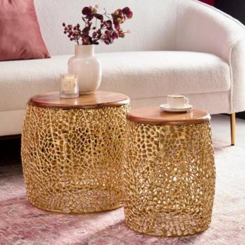 LEAF barna-arany kétrészes akácfa dohányzóasztal 40cm kép